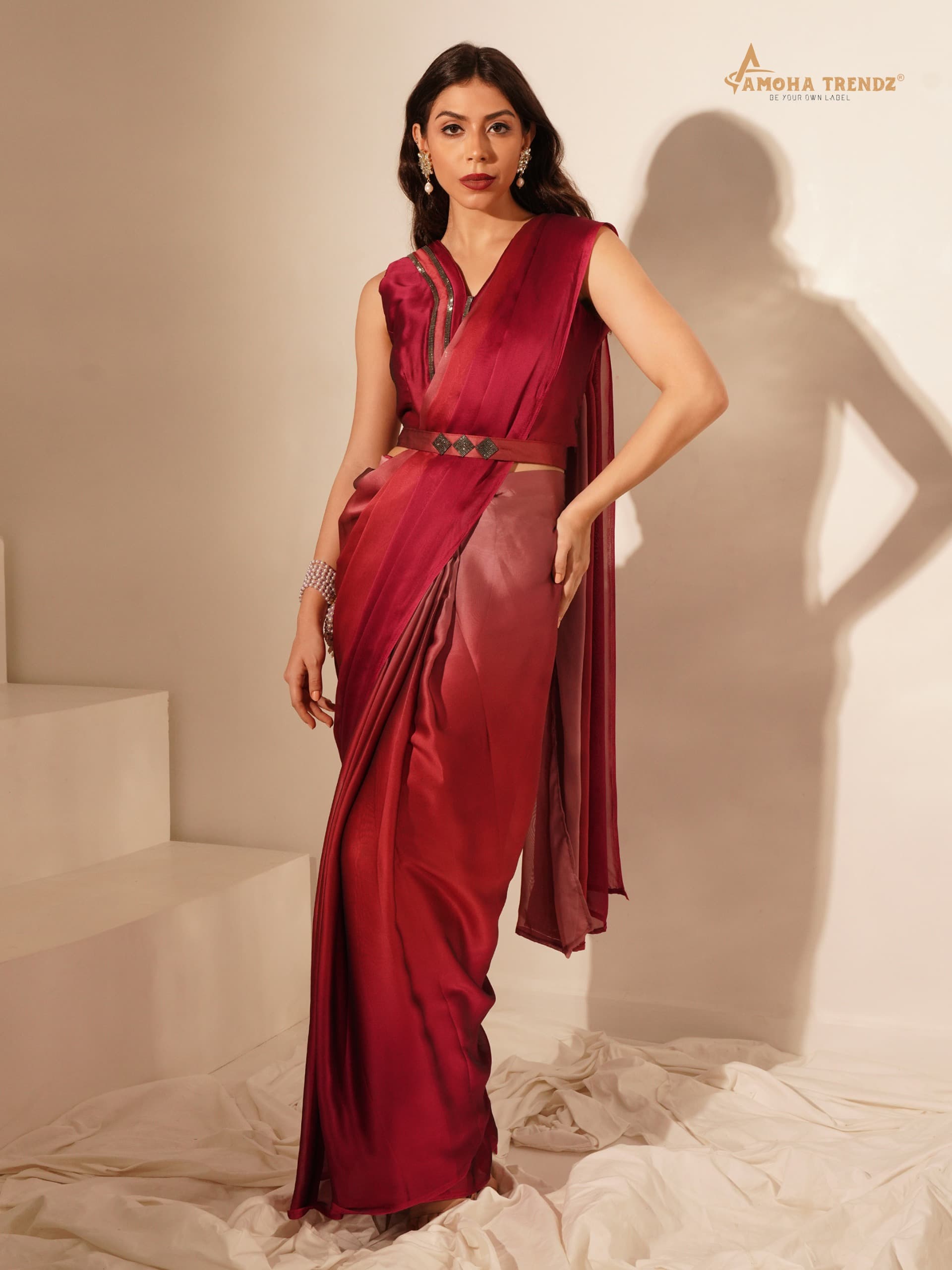 101139 Dark Red Amoha Imported Ready To Wear Saree