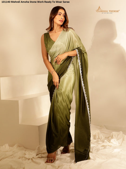 101140 Mehndi Amoha Stone Work Ready To Wear Saree
