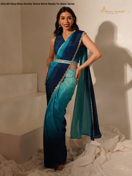 101140 Navy Blue Amoha Stone Work Ready To Wear Saree