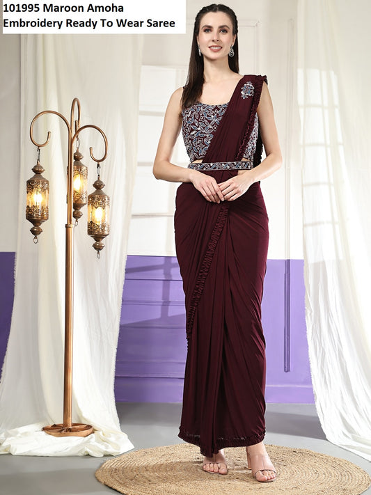 101995 Maroon Amoha Embroidery Ready To Wear Saree