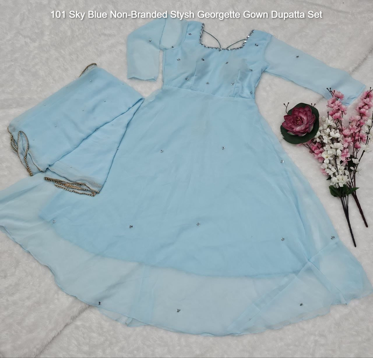 101 Sky Blue Non-Branded Stysh Georgette Gown Dupatta Set