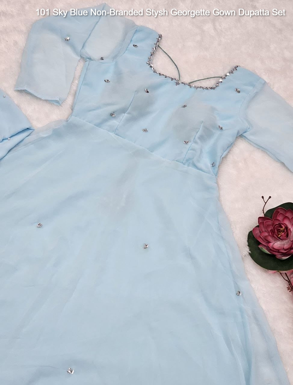 101 Sky Blue Non-Branded Stysh Georgette Gown Dupatta Set