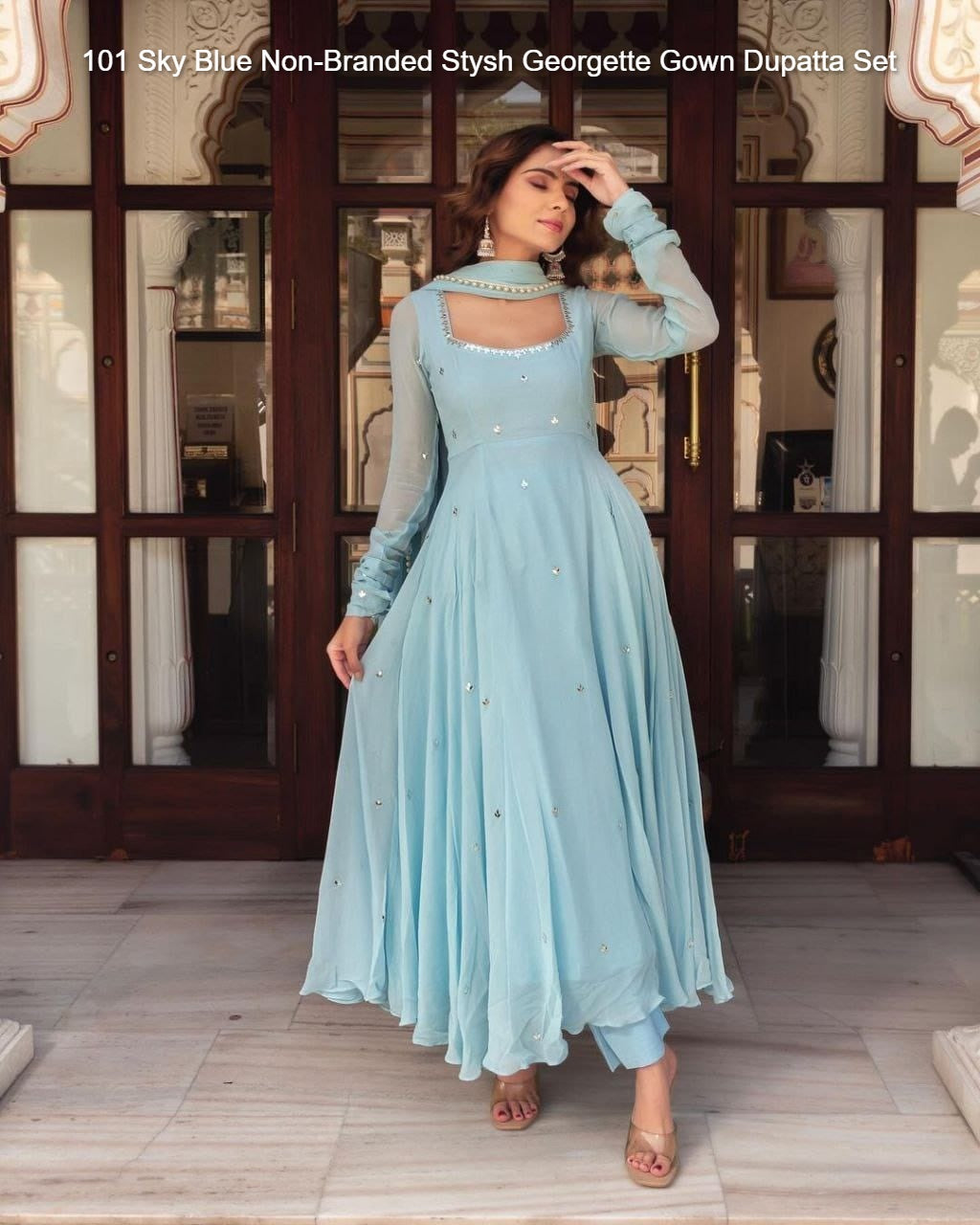 101 Sky Blue Non-Branded Stysh Georgette Gown Dupatta Set