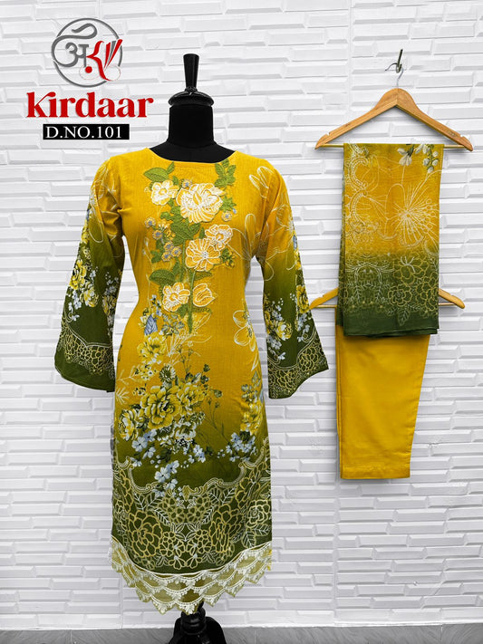 101 Yellow Kirdaar Printed Pakistani Readymade Suits