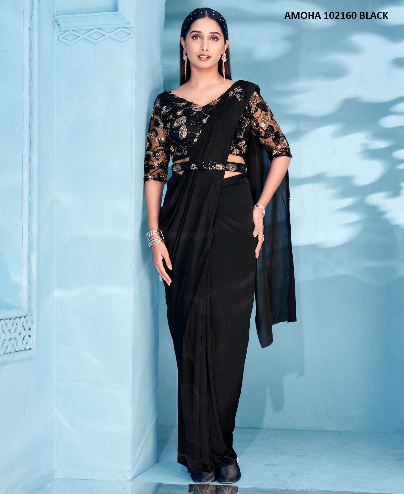 102160 Black Amoha Embroidered Ready To Wear Saree