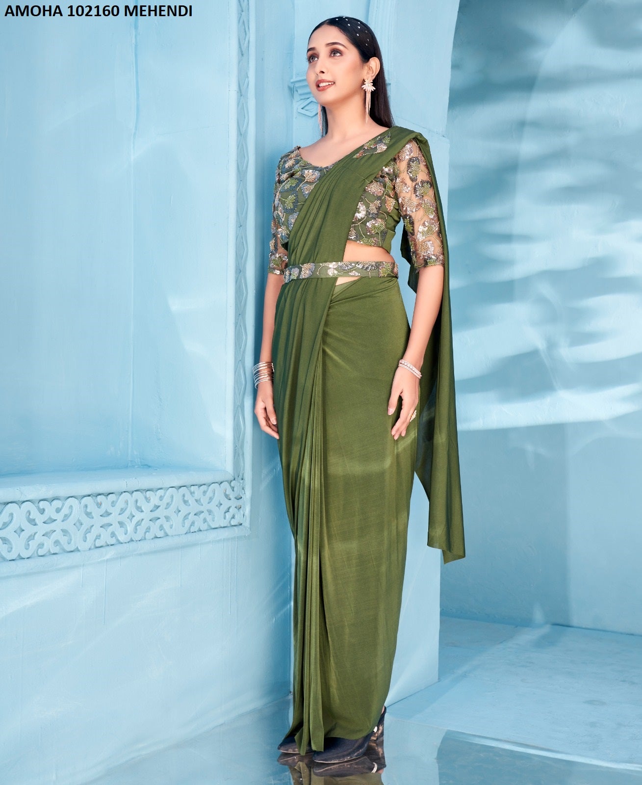 102160 Mehendi Amoha Embroidered Ready To Wear Saree