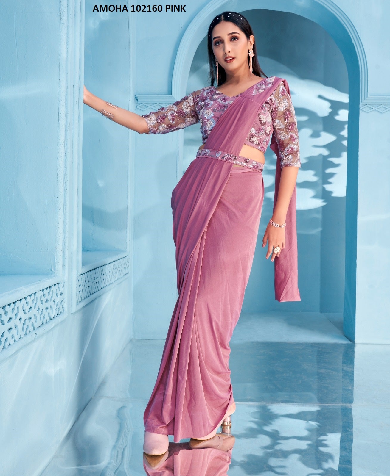 102160 Pink Amoha Embroidered Ready To Wear Saree