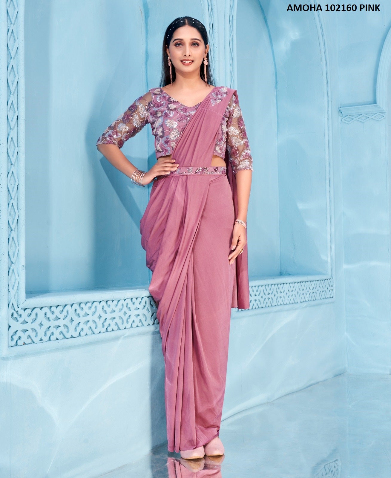 102160 Pink Amoha Embroidered Ready To Wear Saree