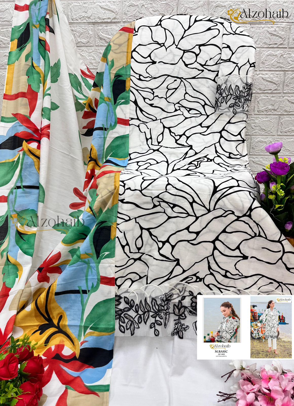 1022 White Al Zohaib Cotton Pakistani Patch Suits