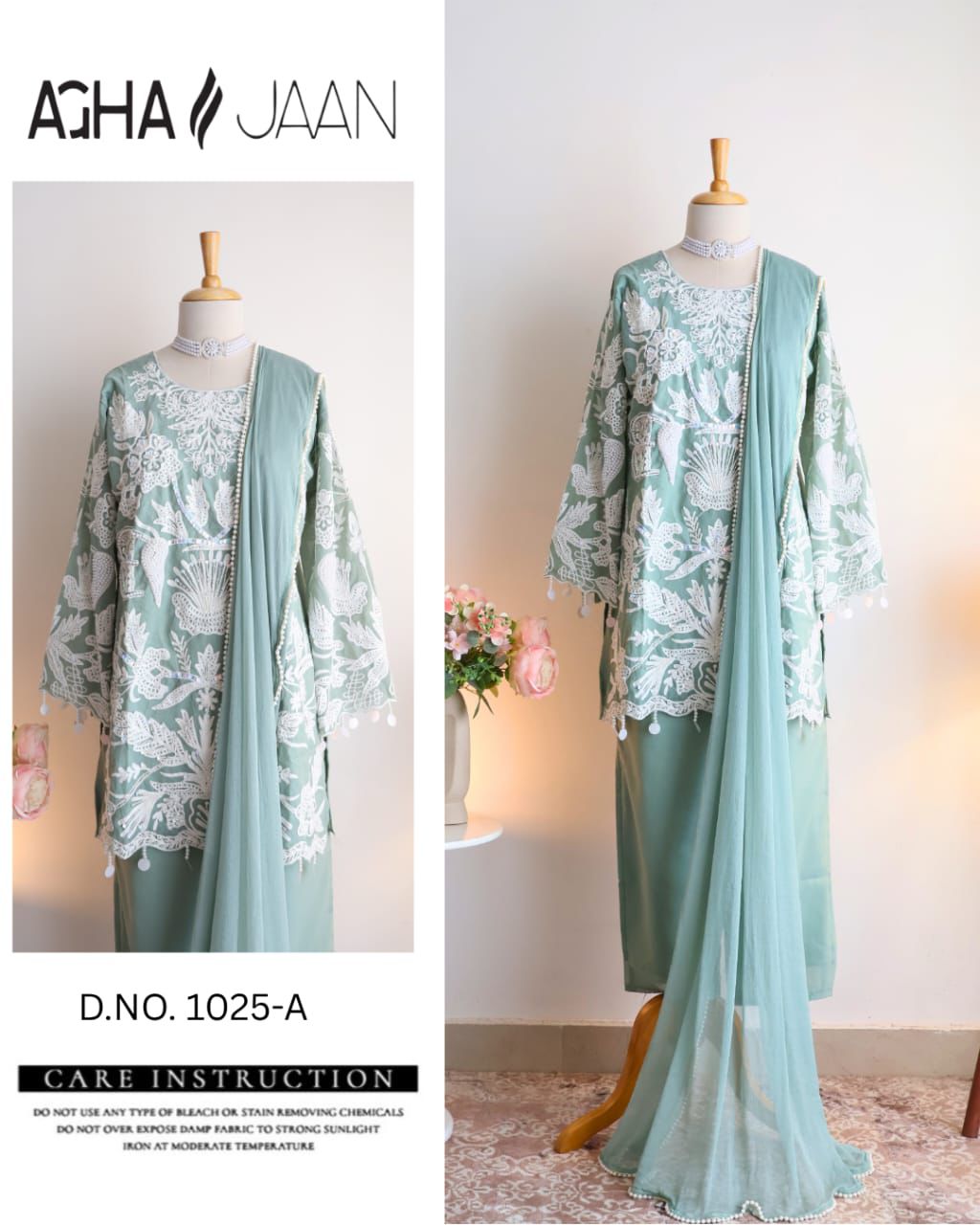 1025-A Mint Green Agha Jaan Fancy Pakistani Readymade Suits