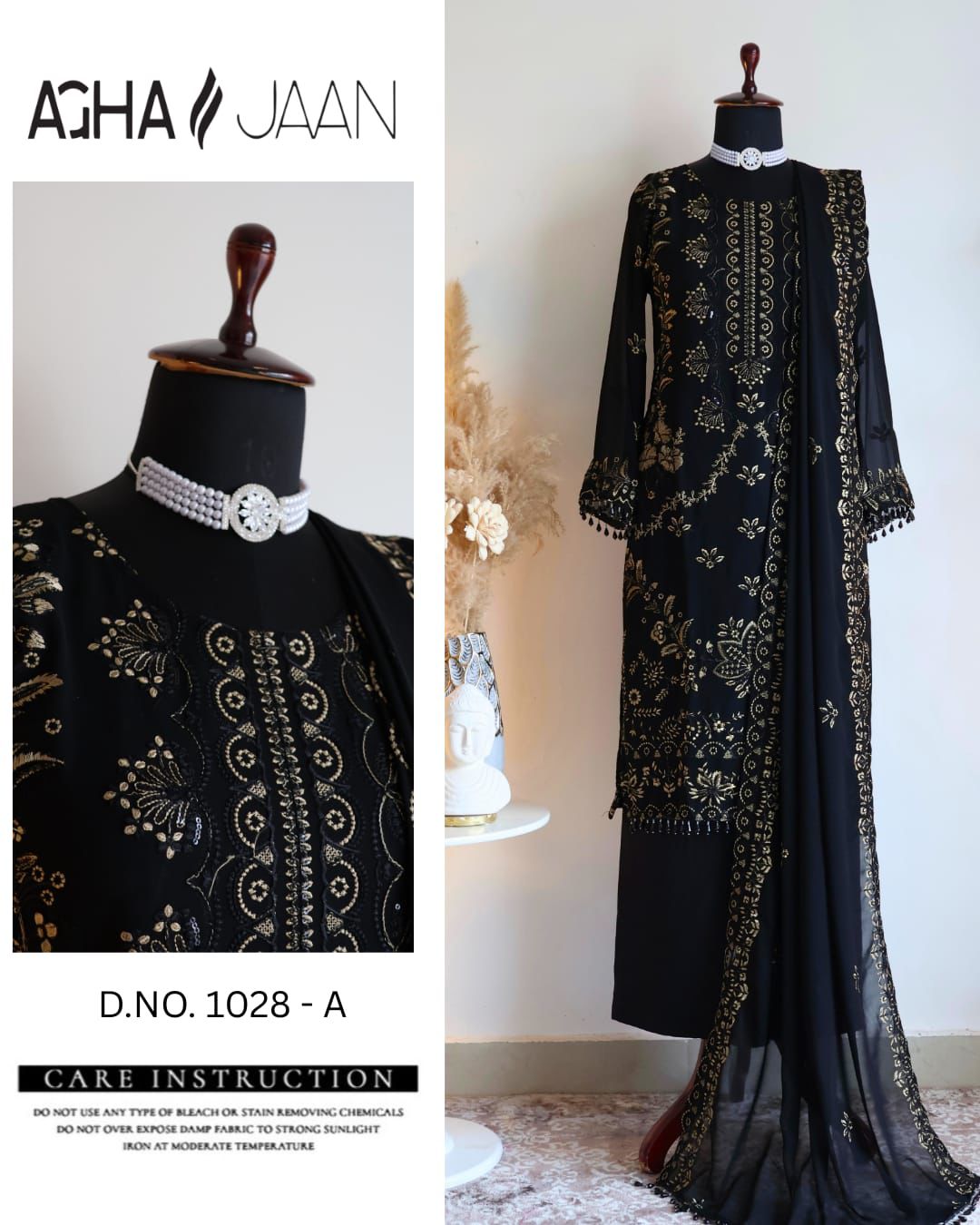 1028-A Black Agha Jaan Georgette Pakistani Readymade Suits