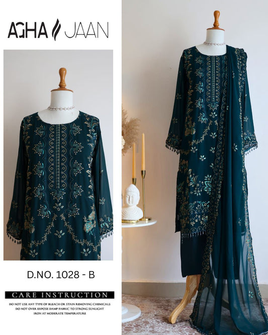 1028-B Blue Agha Jaan Georgette Pakistani Readymade Suits