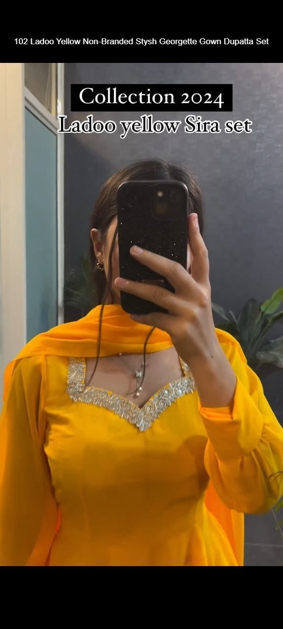 102 Ladoo Yellow Non-Branded Stysh Georgette Gown Dupatta Set