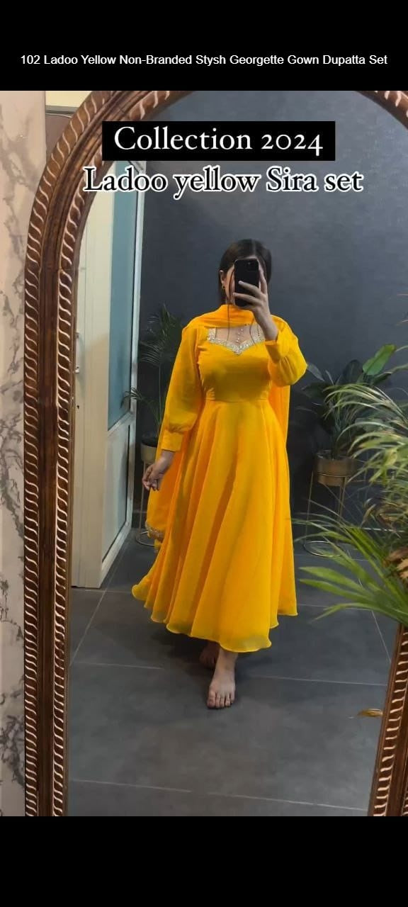 102 Ladoo Yellow Non-Branded Stysh Georgette Gown Dupatta Set