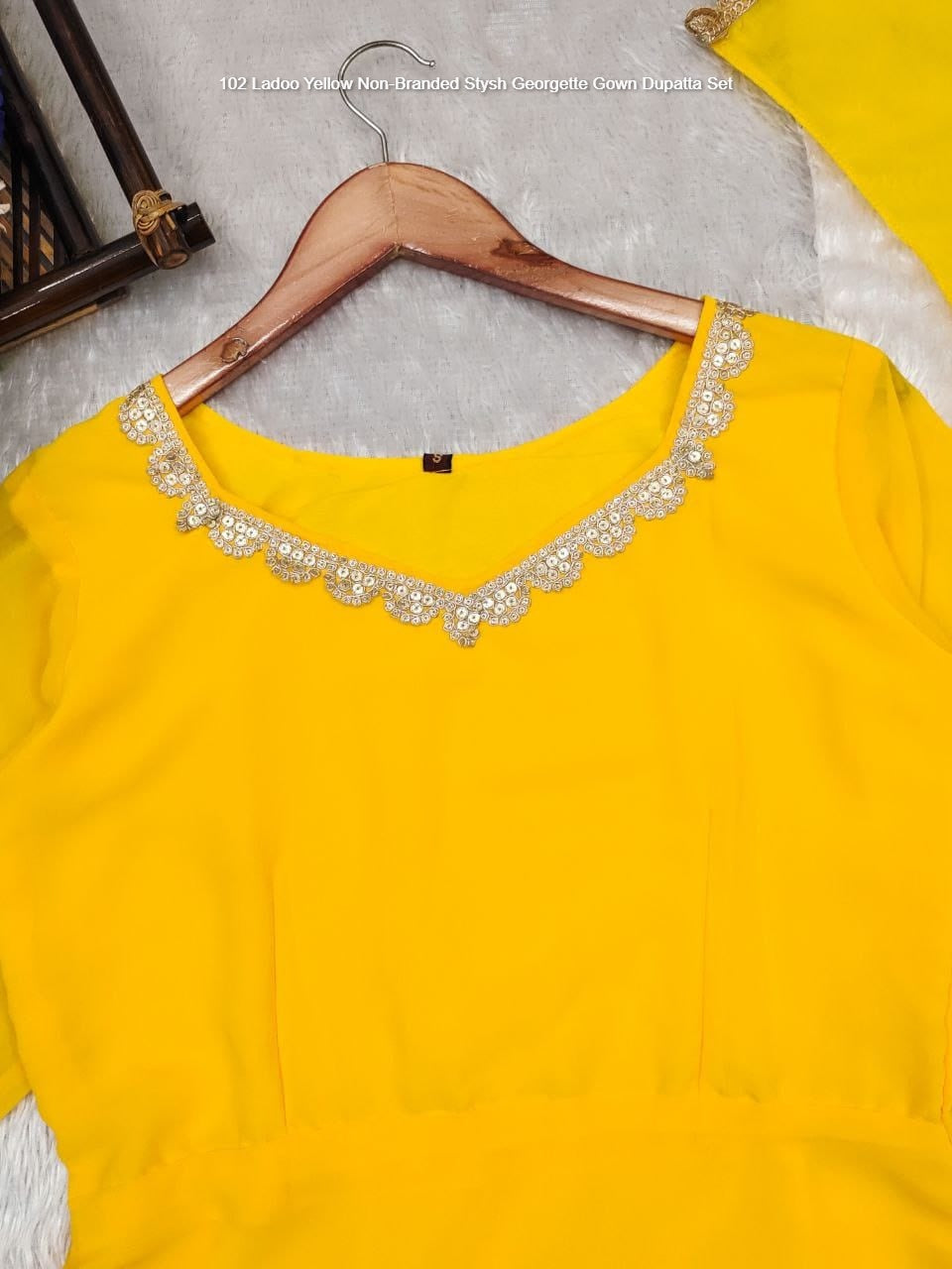 102 Ladoo Yellow Non-Branded Stysh Georgette Gown Dupatta Set