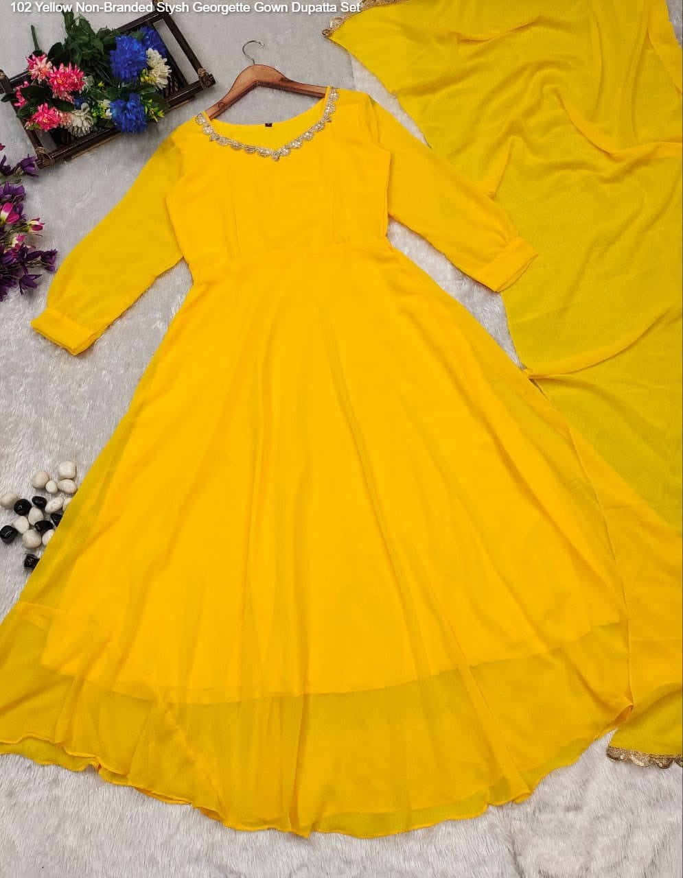 102 Yellow Non-Branded Stysh Georgette Gown Dupatta Set