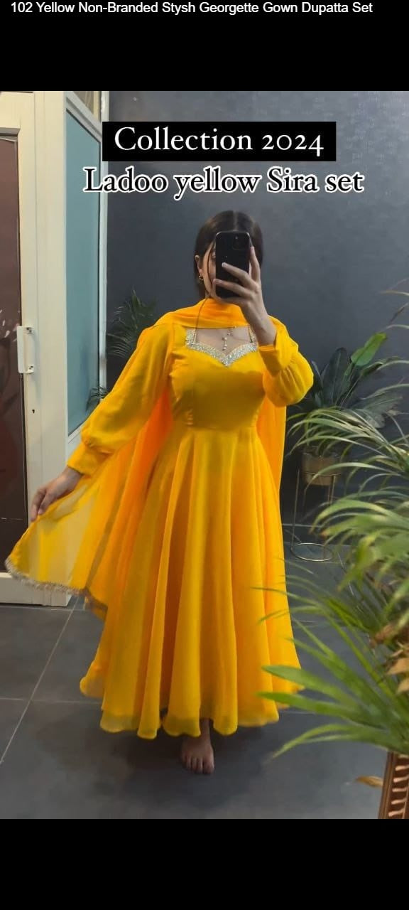 102 Yellow Non-Branded Stysh Georgette Gown Dupatta Set