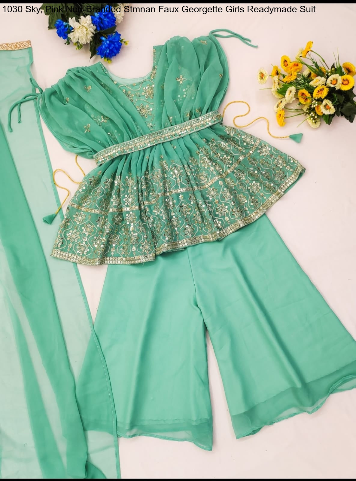 1030 Sky, Pink Non-Branded Stmnan Faux Georgette Girls Readymade Suit