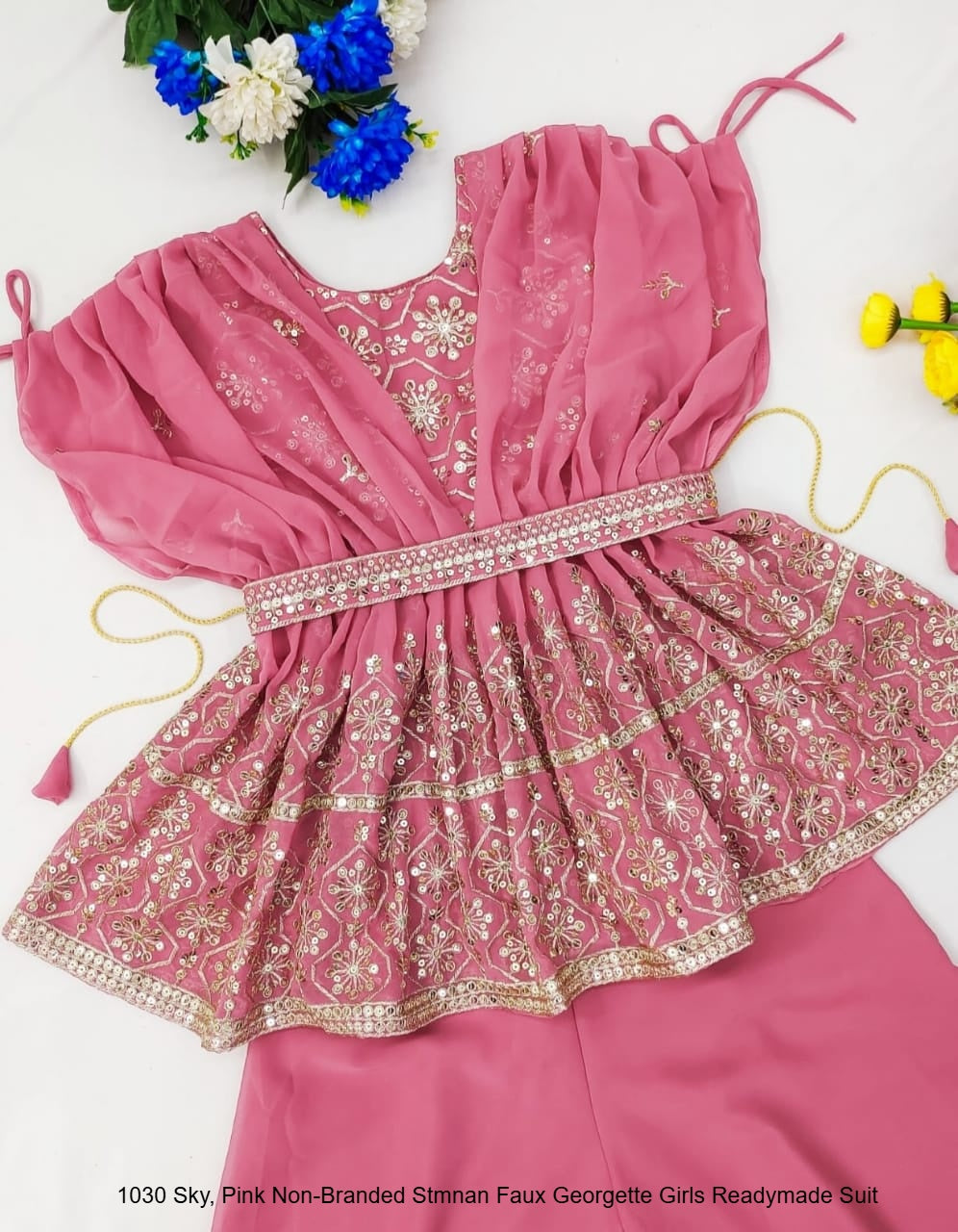 1030 Sky, Pink Non-Branded Stmnan Faux Georgette Girls Readymade Suit