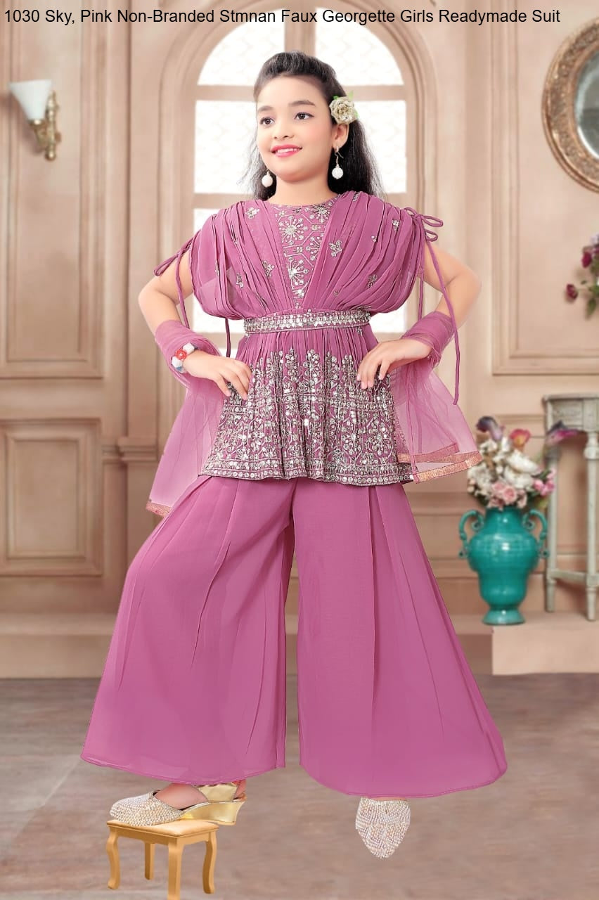 1030 Sky, Pink Non-Branded Stmnan Faux Georgette Girls Readymade Suit