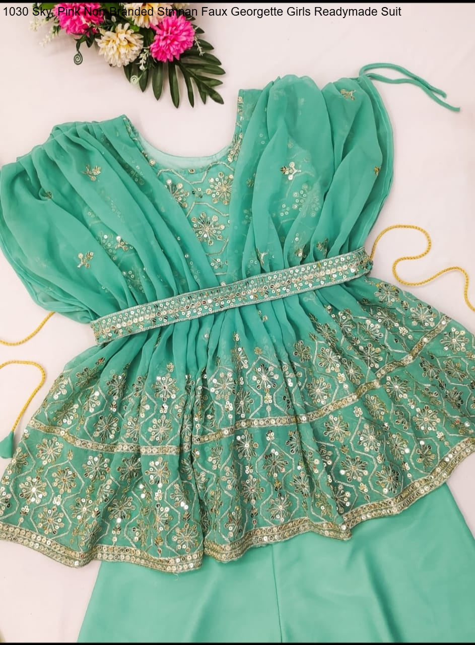 1030 Sky, Pink Non-Branded Stmnan Faux Georgette Girls Readymade Suit