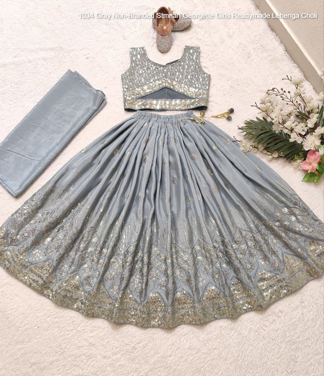 1034 Gray Non-Branded Stmnan Georgette Girls Readymade Lehenga Choli