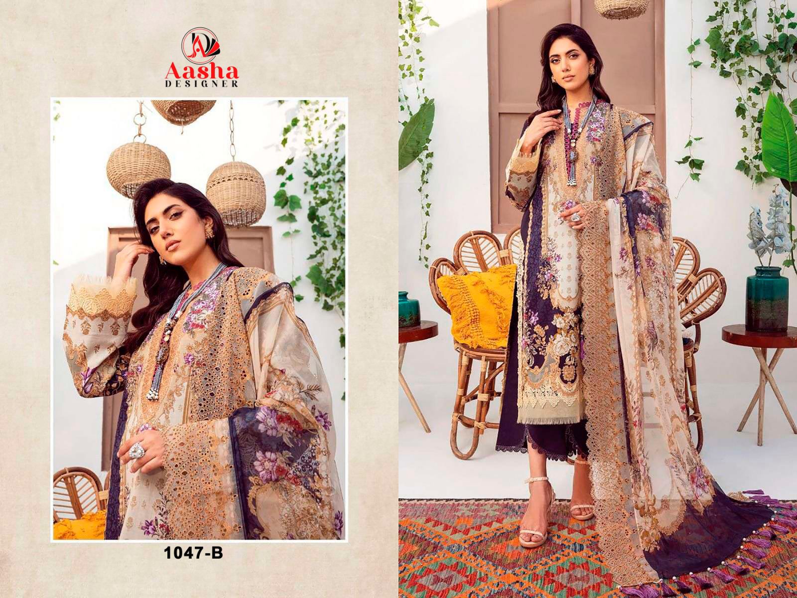 1047-B Aasha Designer Cotton Pakistani Patch Suits