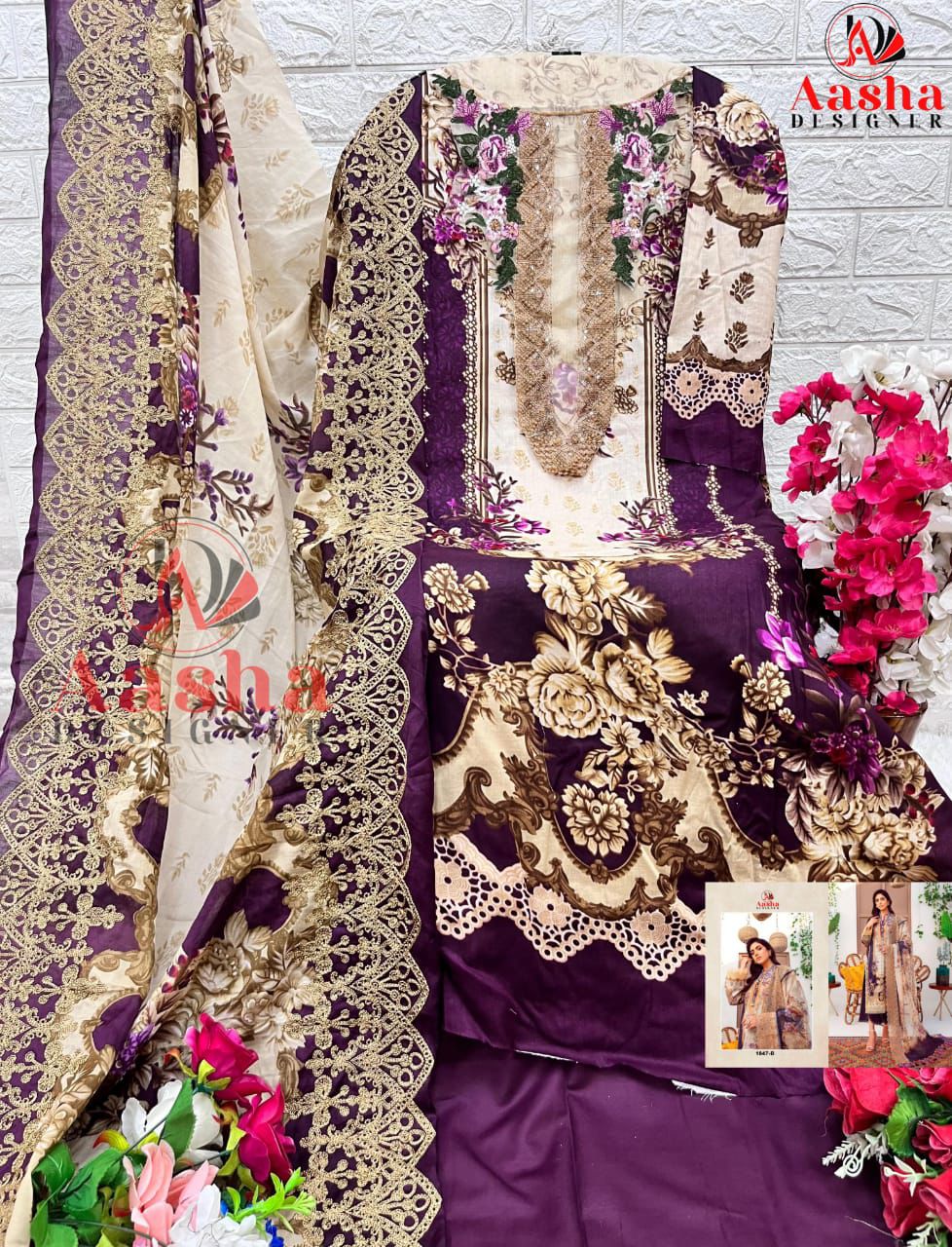 1047-B Aasha Designer Cotton Pakistani Patch Suits