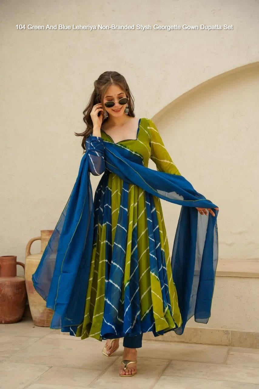 104 Green And Blue Leheriya Non-Branded Stysh Georgette Gown Dupatta Set