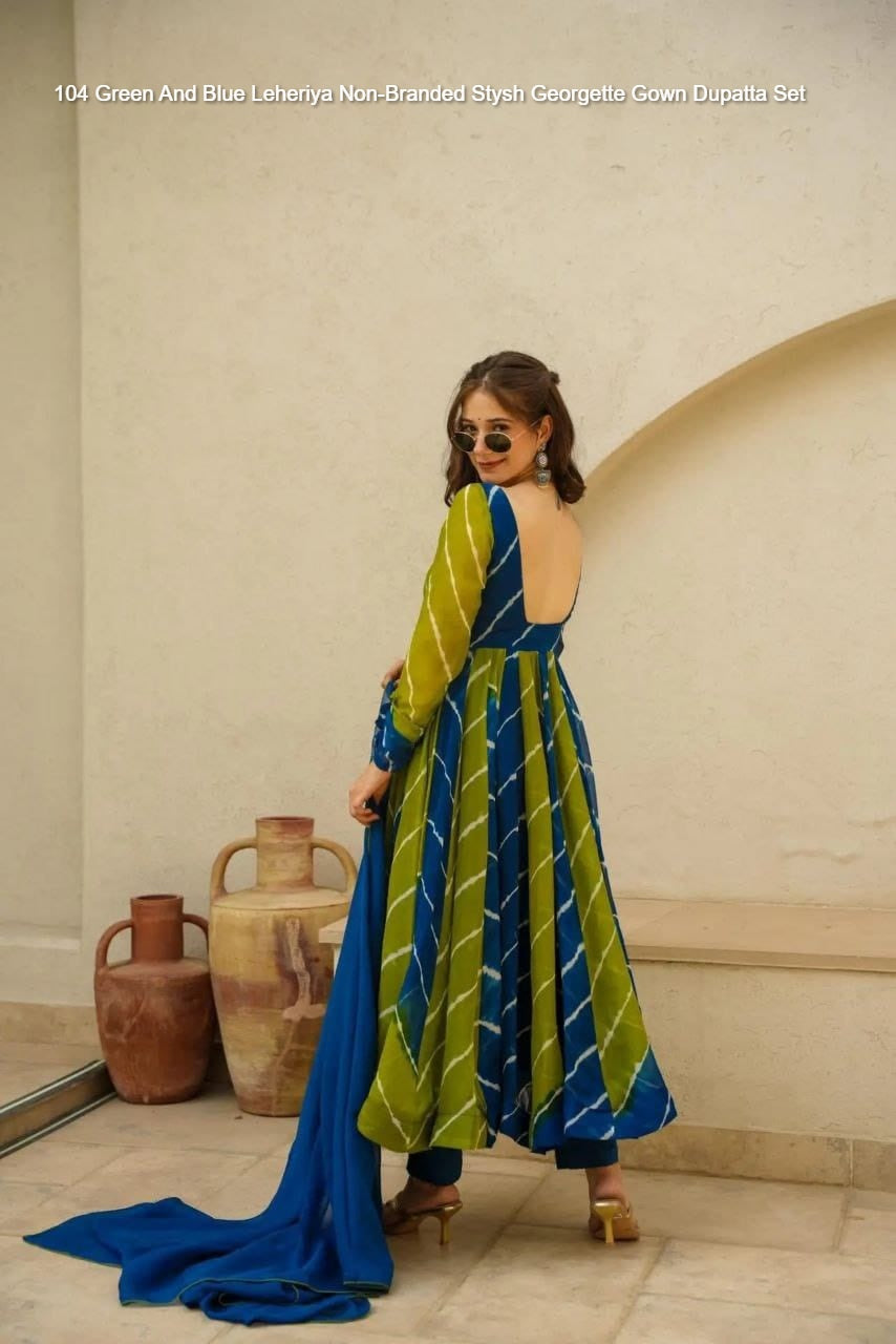 104 Green And Blue Leheriya Non-Branded Stysh Georgette Gown Dupatta Set