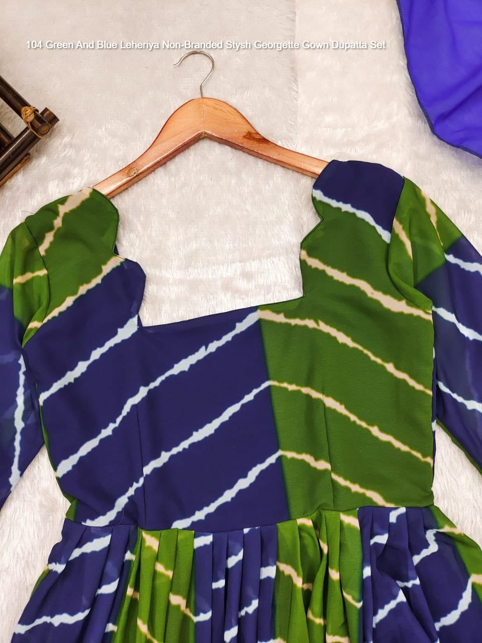 104 Green And Blue Leheriya Non-Branded Stysh Georgette Gown Dupatta Set