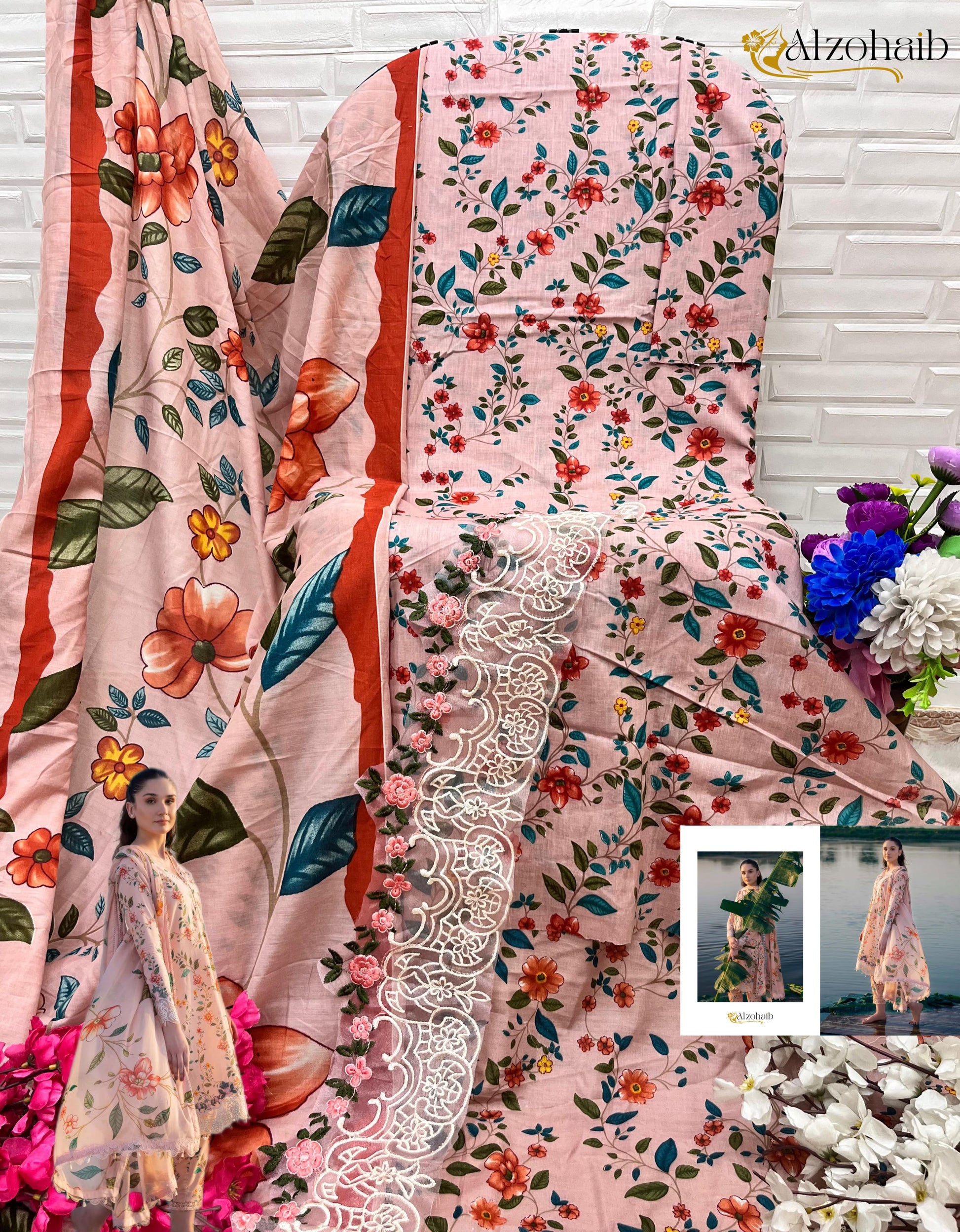 1052 M Basics Al Zohaib Cotton Pakistani Patch Suits