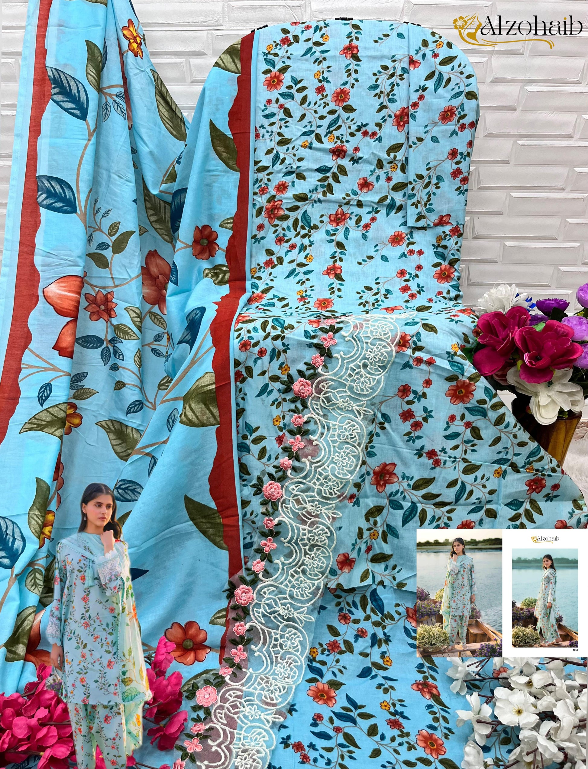 1053 M Basics Al Zohaib Cotton Pakistani Patch Suits