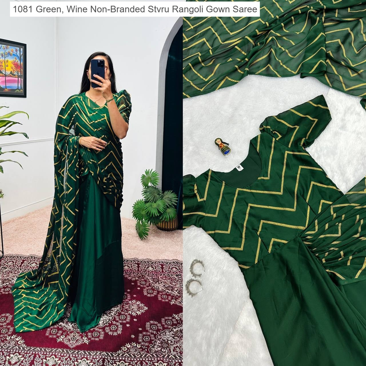1081 Green, Wine Non-Branded Stvru Rangoli Gown Saree