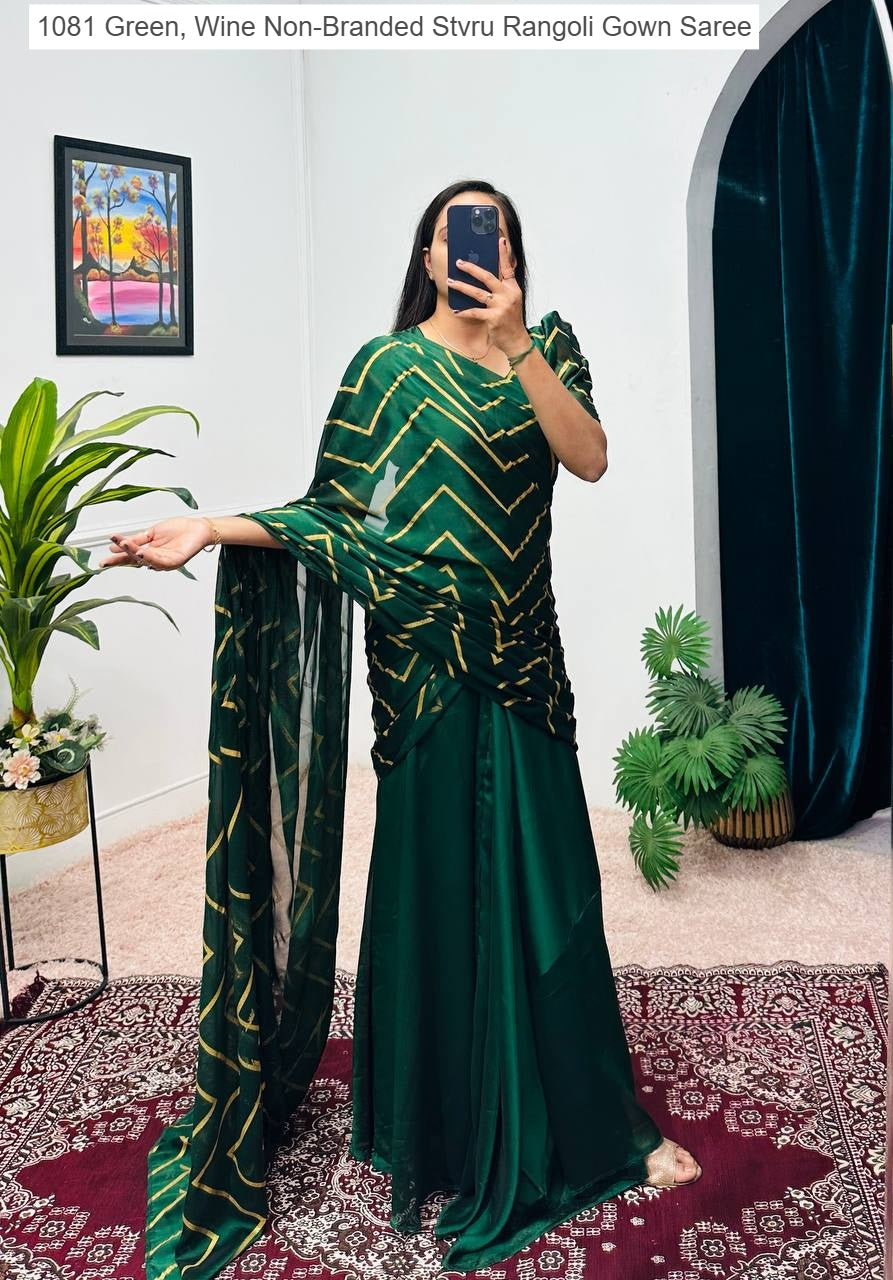 1081 Green, Wine Non-Branded Stvru Rangoli Gown Saree