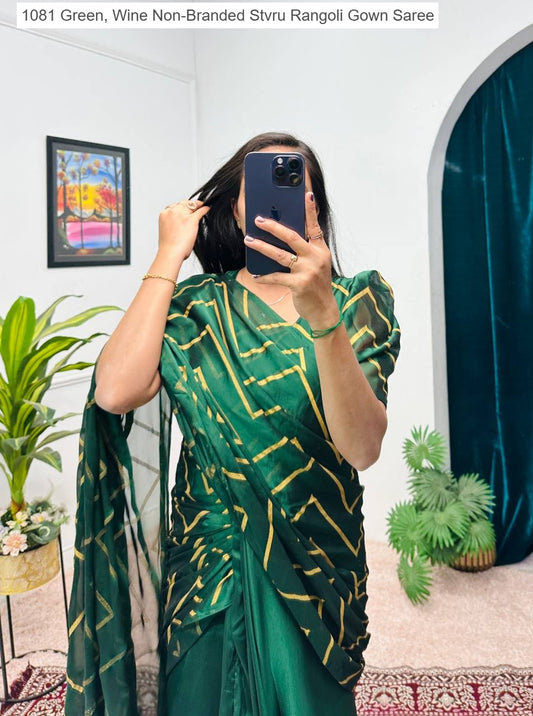 1081 Green, Wine Non-Branded Stvru Rangoli Gown Saree
