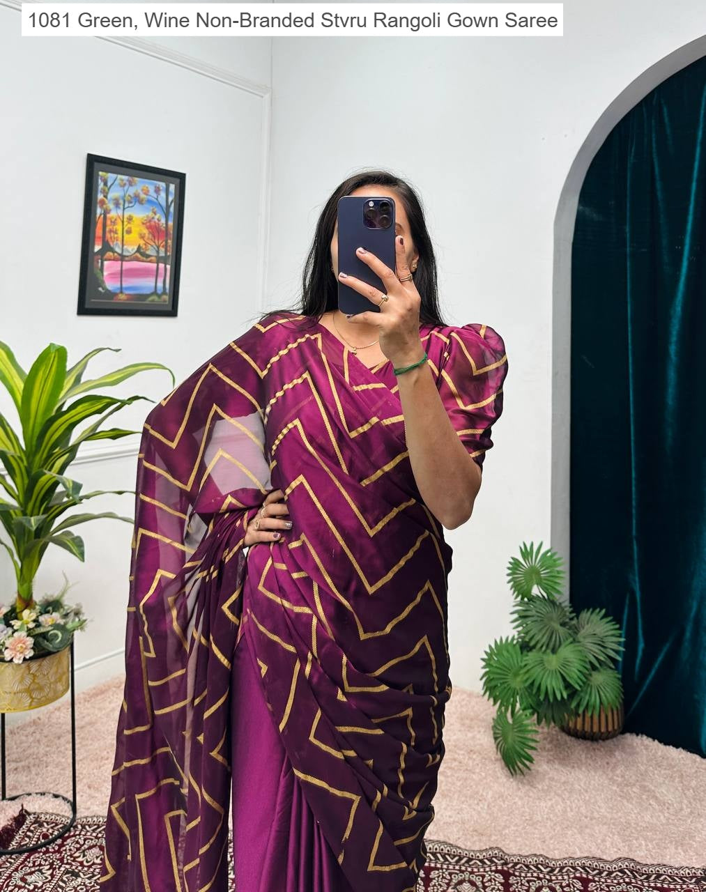 1081 Green, Wine Non-Branded Stvru Rangoli Gown Saree