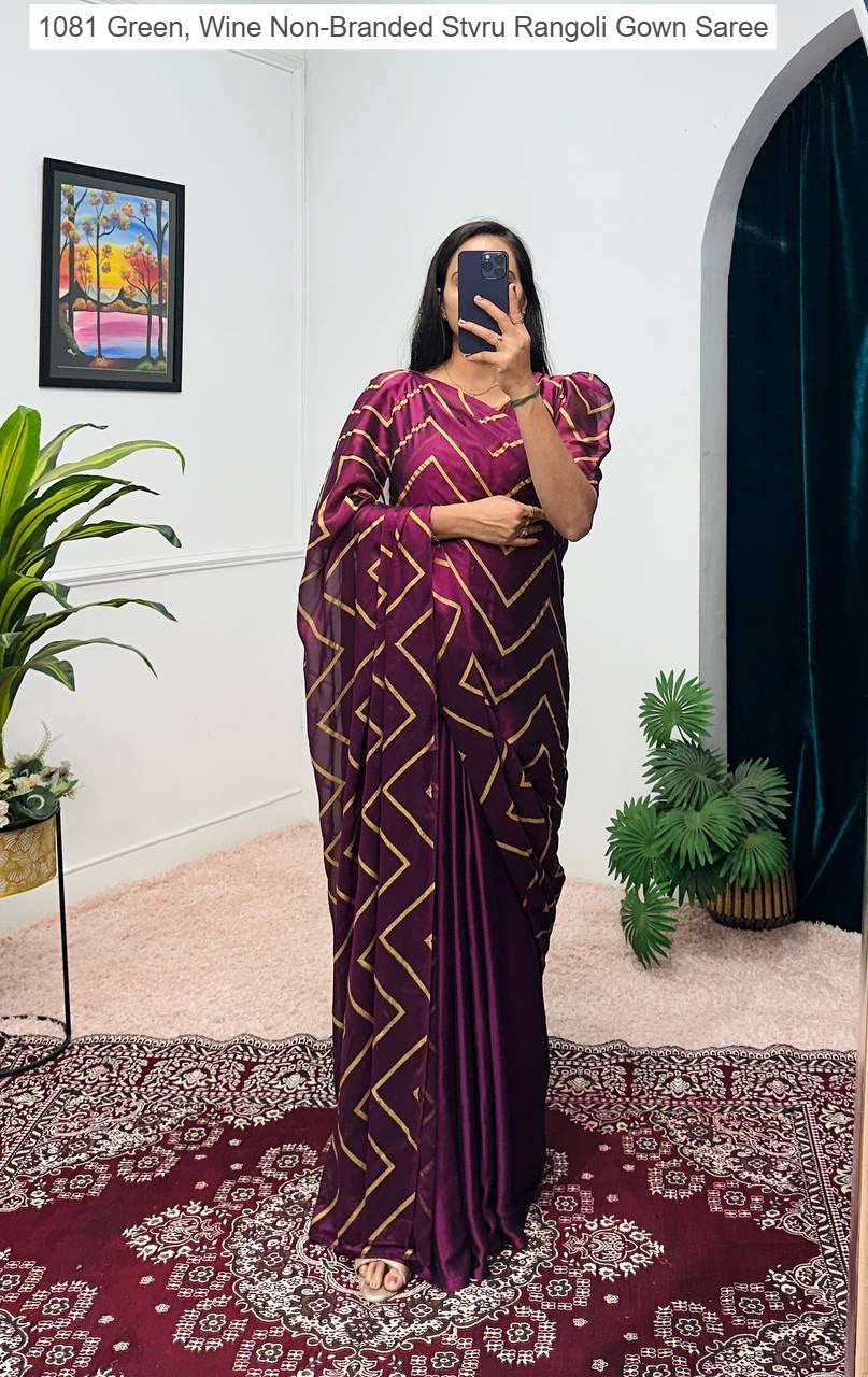 1081 Green, Wine Non-Branded Stvru Rangoli Gown Saree