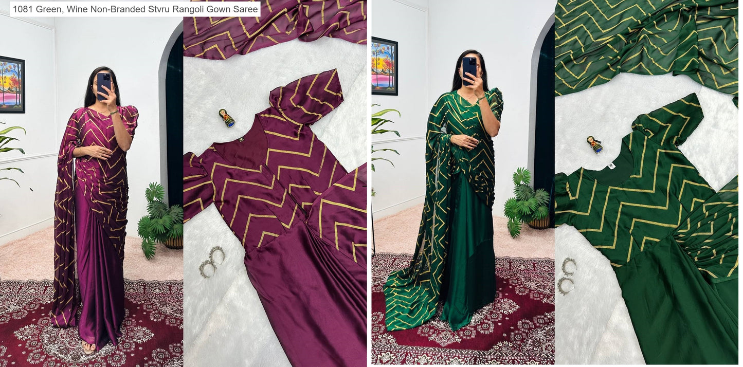 1081 Green, Wine Non-Branded Stvru Rangoli Gown Saree