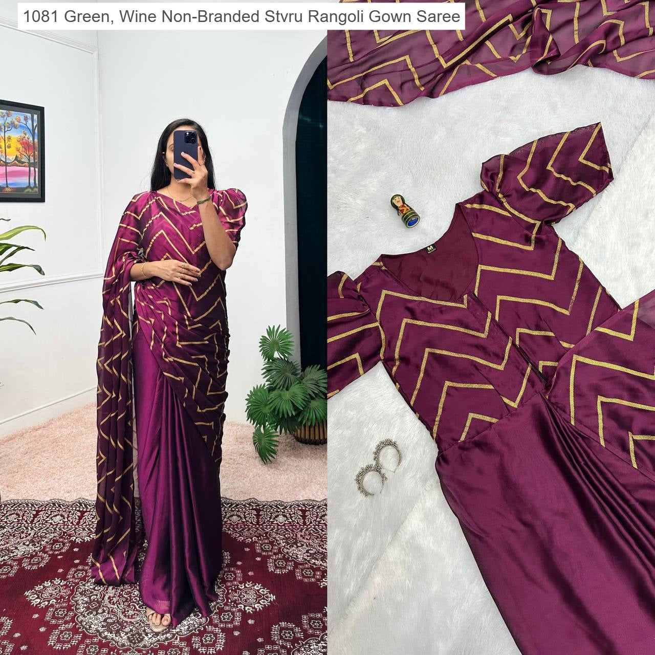 1081 Green, Wine Non-Branded Stvru Rangoli Gown Saree