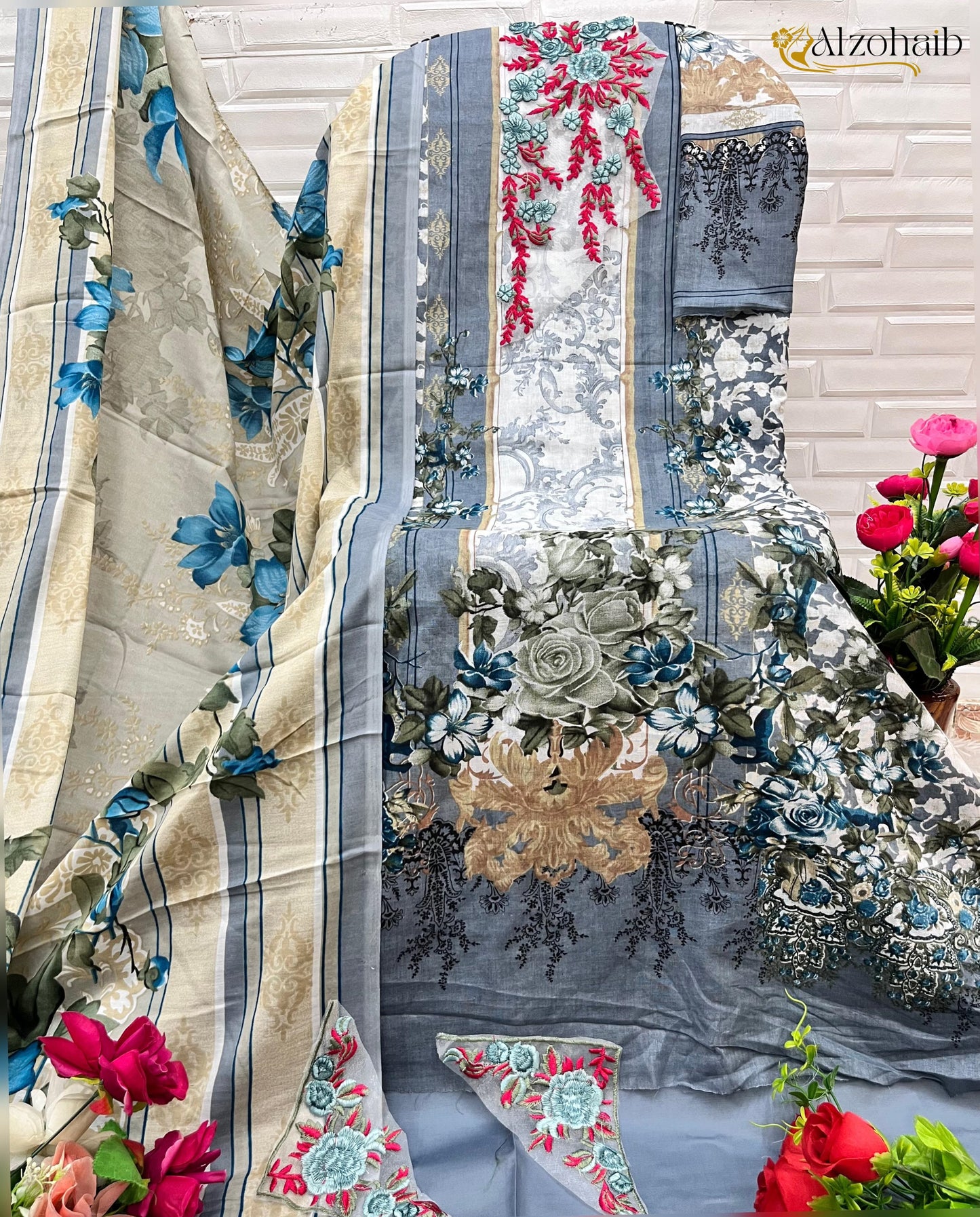 1091 Al Zohaib Semi Lawn Pakistani Patch Suits