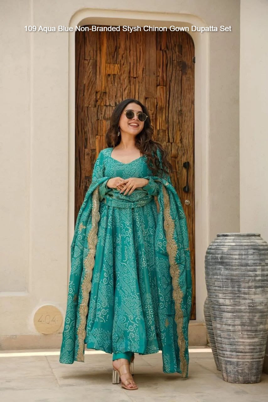 109 Aqua Blue Non-Branded Stysh Chinon Gown Dupatta Set