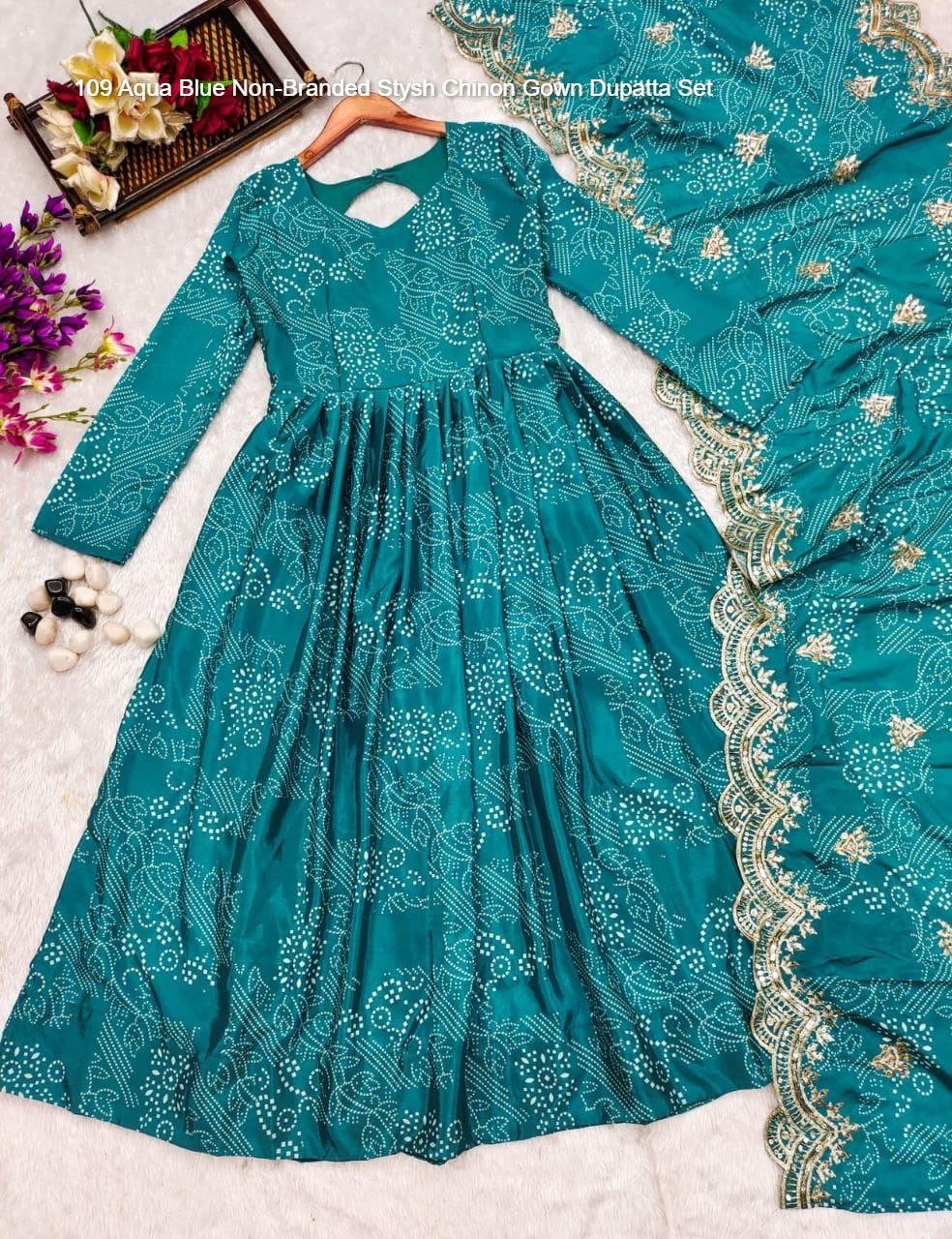 109 Aqua Blue Non-Branded Stysh Chinon Gown Dupatta Set