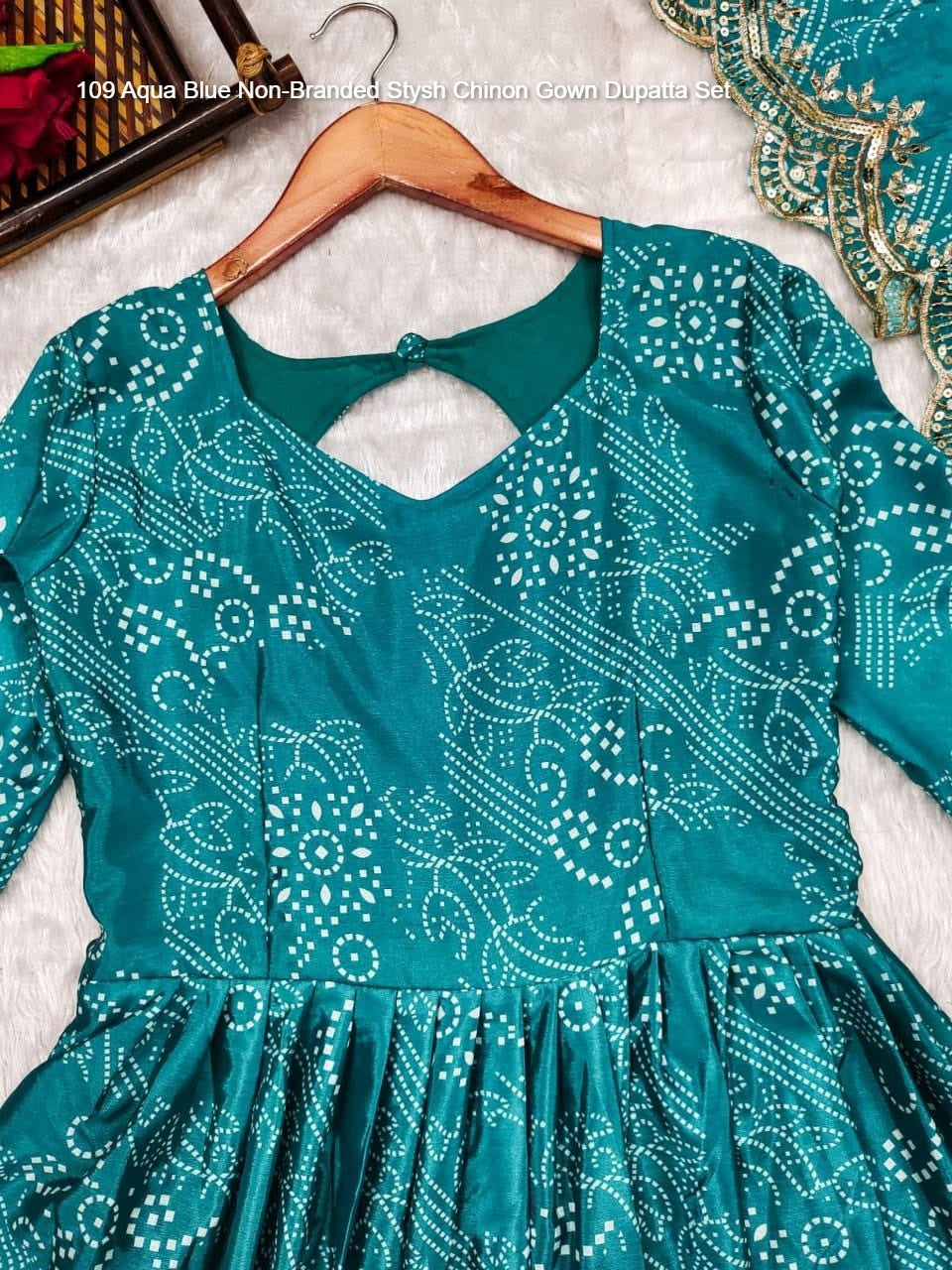 109 Aqua Blue Non-Branded Stysh Chinon Gown Dupatta Set