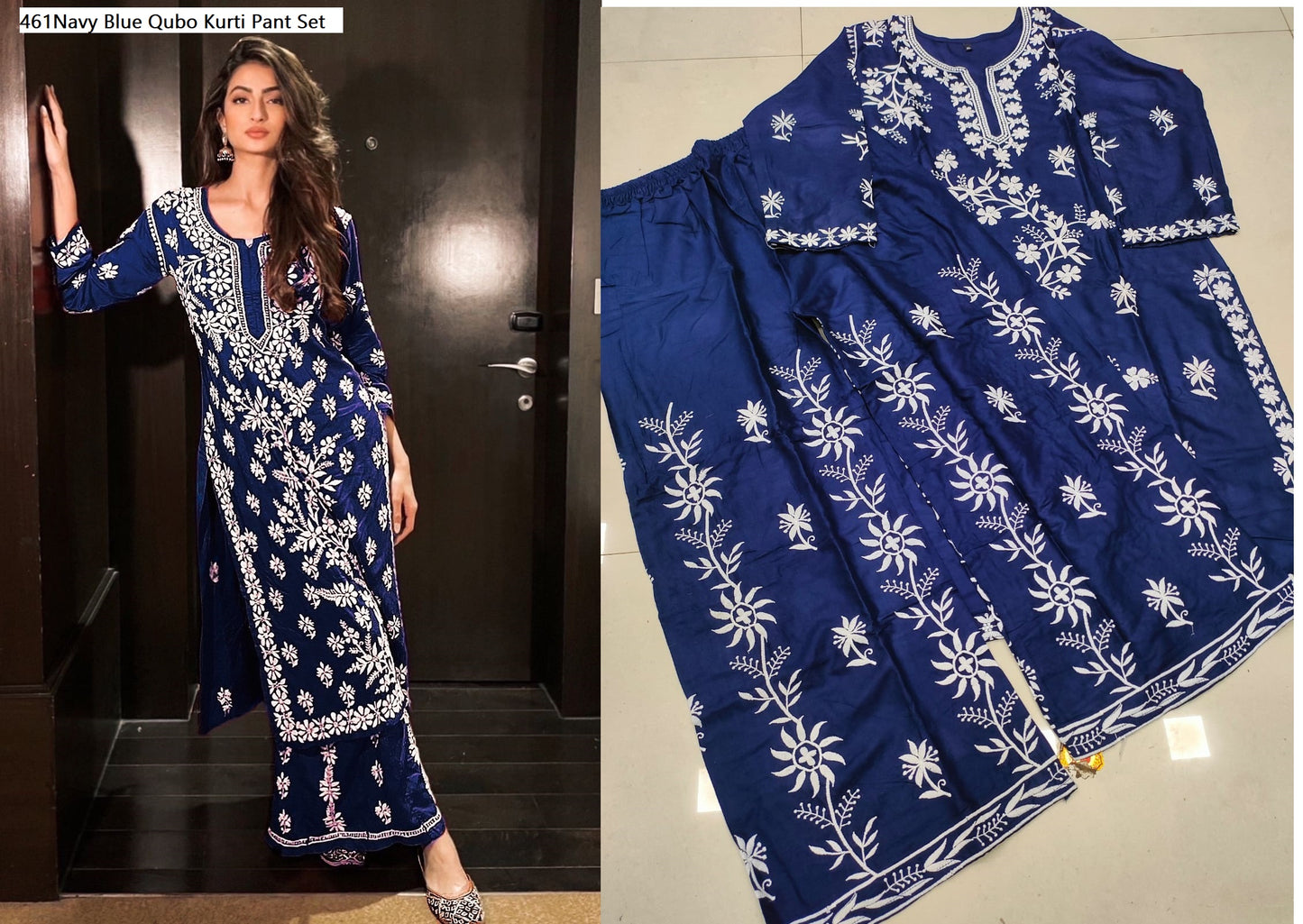 461Navy Blue Qubo Kurti Pant Set