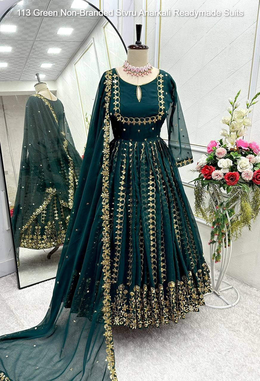 113 Green Non-Branded Stvru Anarkali Readymade Suits