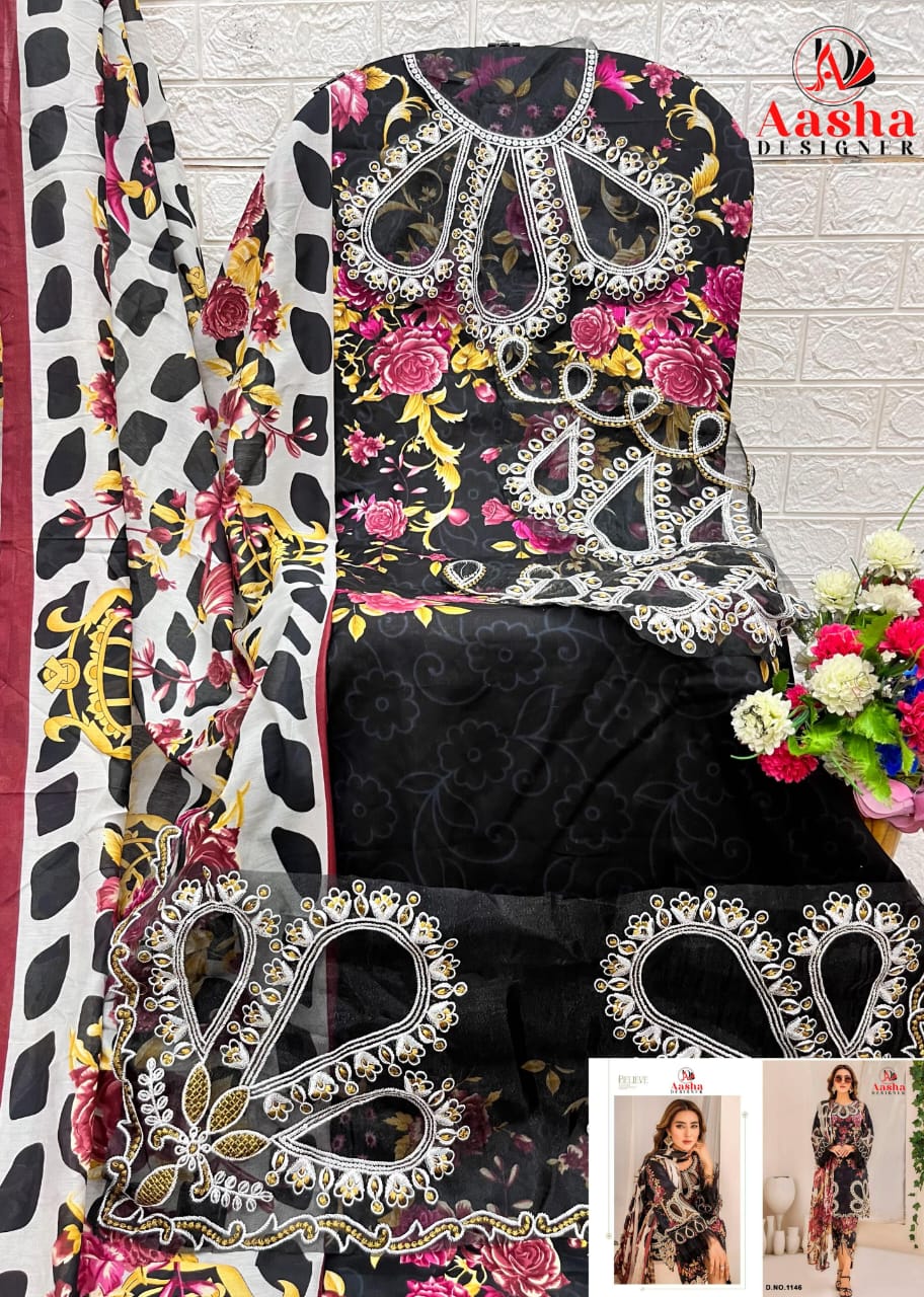 1146 Black Aasha Designer Pure Cotton Pakistani Salwar Suits