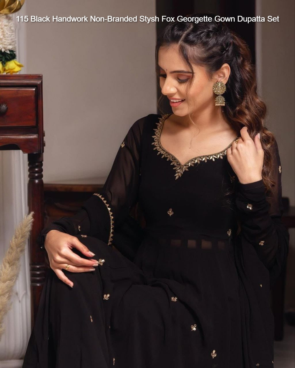 115 Black Handwork Non-Branded Stysh Fox Georgette Gown Dupatta Set