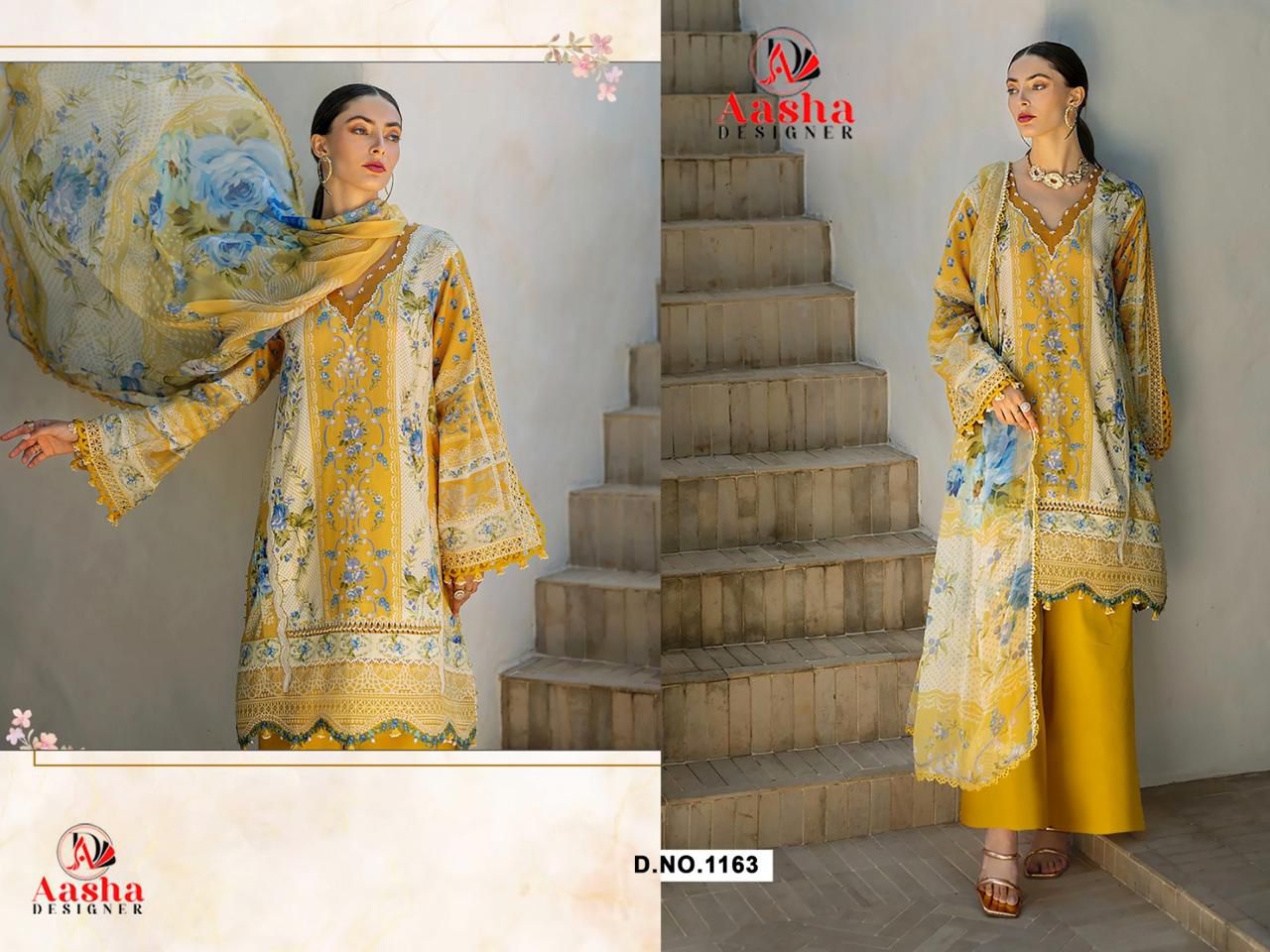 1163 Yellow Aasha Designer Embroidery Pakistani Patch Suits