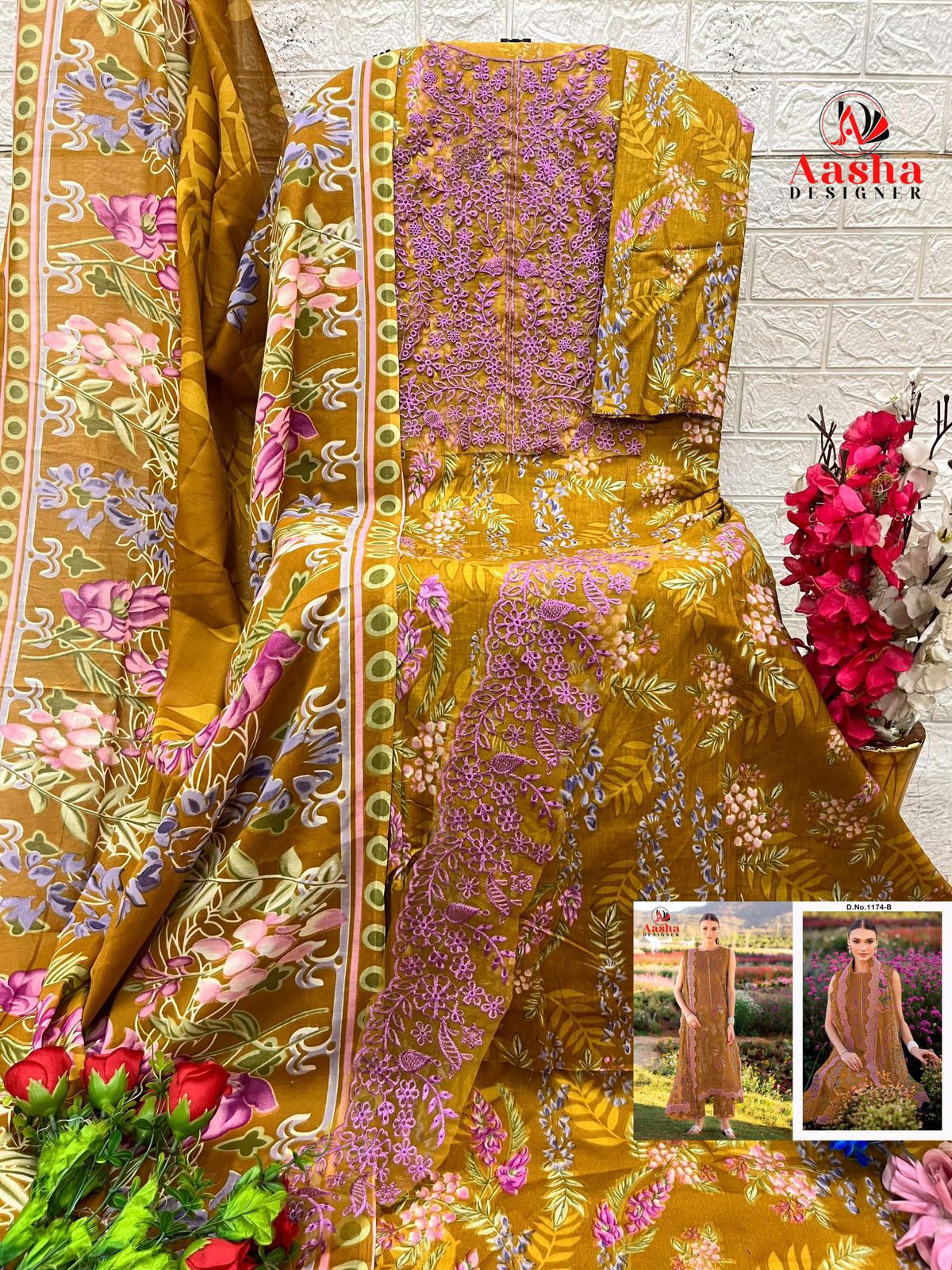 1174-B Brown Aasha Designer Embroidery Pakistani Patch Suits